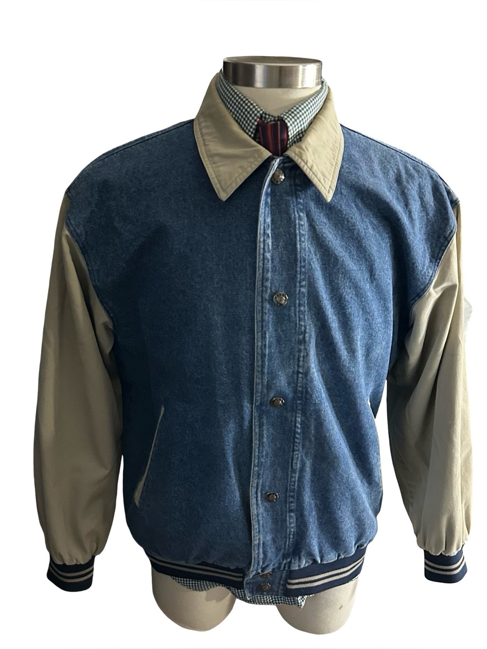 Vtg 1990s North Bay Blue Denim Varsity Bomber Jacket Contrast Tan Sleeve Sz M